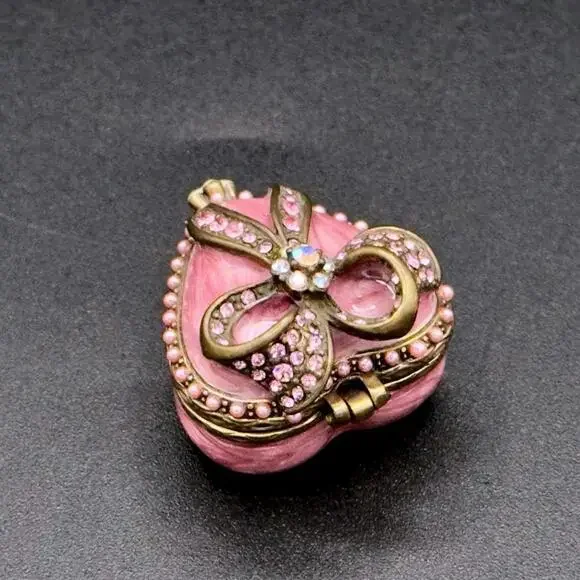 💖Luxury Pink Enamel Heart Trinket Box w/ Rhinestone Bow & Pearls Fabergé Style - Picture 4 of 8